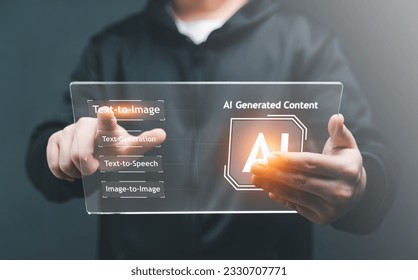 AI, Artificial Intelligence, AI generated content Concept. Artist Man using AI Art to generate image content. Text to image command prompt generates, technology Business, futuristic transformation.