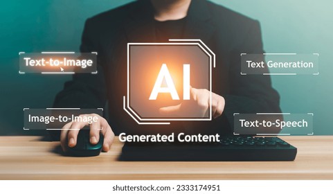 AI, Artificial Intelligence, AI generated content Concept. Artist Man using AI Art to generate image content. Text to image command prompt generates, technology Business, futuristic transformation. - Shutterstock ID 2333174951