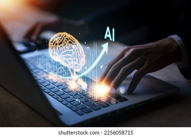 AI (Artificial intelligence) growing with brain. Businessman data analytics information trends with laptop (notebook). Business technology link digital marketing. Big data and Financial banking.