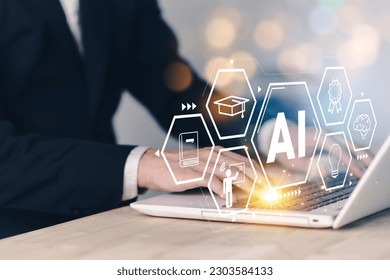 AI (Artificial intelligence) growing concept. Businessman hand typing keyboard laptop (notebook). Business technology links digital marketing. Big data and Financial banking.
