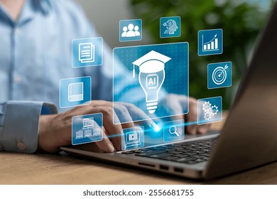AI Artificial Intelligence learning and skill development concept, Businessman use technology to learn new data information in the system, Online webinars successfully in modern digital learning