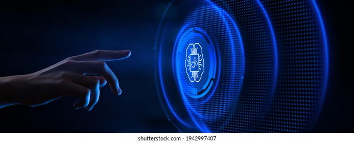 AI Artificial intelligence machine deep learning neural network cyber brain modern technology concept. Hand pressing button.