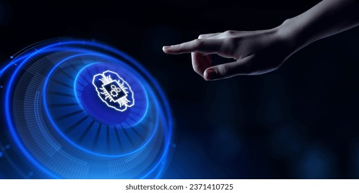 AI Artificial intelligence machine deep learning neural network cyber brain modern technology concept. Hand pressing button.