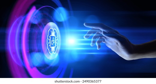 AI Artificial intelligence machine deep learning neural network cyber brain modern technology concept. Hand pressing button.