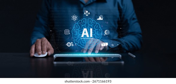 AI, Artificial intelligence, Machine Deep learning algorithms,  Automation and modern technology in business as concept.an autonomous brain. Big data management, Generative AI, Data analysis. agent.