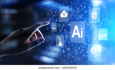 AI Artificial intelligence, Machine learning, Big data analysis and automation technology in business and industrial manufacturing concept on virtual screen.