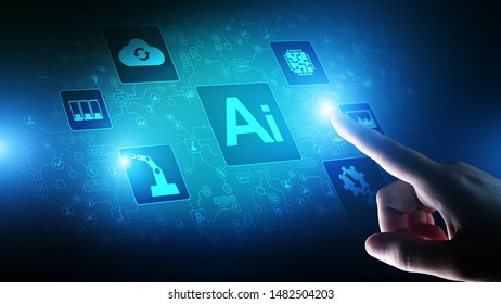 AI Artificial intelligence, Machine learning, Big data analysis and automation technology in business and industrial manufacturing concept on virtual screen.