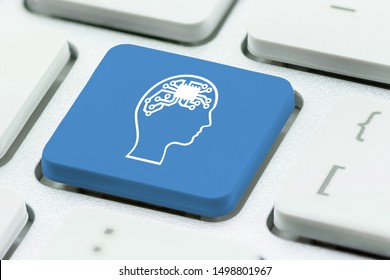 AI Artificial Intelligence / Machine Learning Concept : Human Brain With Digital Circuit On Laptop Keyboard Button, Depict Robot With Autonomous Cognitive Function, Problem Solving And Decision Making