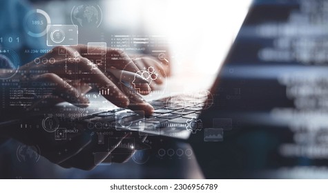 AI Artificial Intelligence and machine learning concept. Businessman working on laptop computer with AI analyzing big data on virtual interface, data science, Business Intelligence