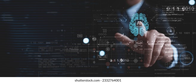 AI, Artificial Intelligence, Machine learning, Business man touching on digital brain, AI symbol with big data network connection, deep learning, data science technology, business intelligence