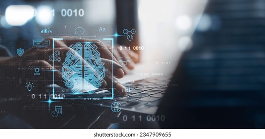AI, Artificial Intelligence, Machine learning, Computer programmer using laptop with digital brain, AI and big data network connection, deep learning, data science technology, business intelligence