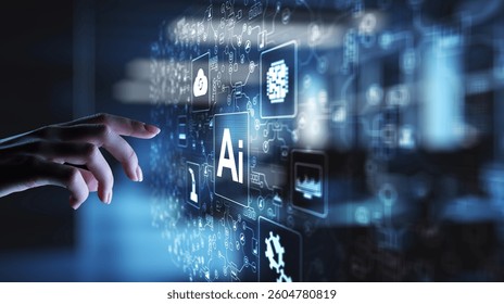 AI Artificial intelligence, Machine learning, Big data analysis and automation technology in business and industrial manufacturing concept on virtual screen.
