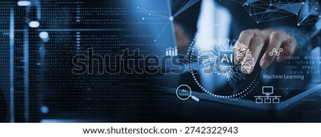 AI Artificial intelligence, Machine learning, Big data analysis and automation technology, business intelligence, data science digital technology icons on virtual screen.