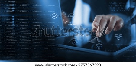 AI Artificial intelligence, Machine learning, Big data analysis and automation technology, business intelligence, data science digital technology icons on virtual screen.