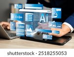 Ai, Artificial intelligence, Man uses laptop  to access artificial intelligence tools for content Creation, Chatbots, Image generation, Coding, Translation, and Digital advertising solutions