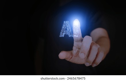 AI, artificial intelligence, a man's hand touching a circuit Ai letters to activate or to use it.
