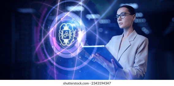 AI Artificial intelligence neural network deep machine learning concept. Young business woman pressing button on virtual screen.