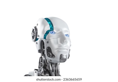 AI Artificial Intelligence Robot Head Design with Digital Blue Electronic inside Brain Engine Automation Isolated on White background with Clipping path, 3D rendering