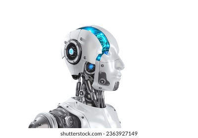 AI Artificial Intelligence Robot Head with digital graphic Brain Engine inside Isolated on white background with clipping path, 3D rendering