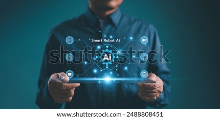 Ai, artificial intelligence tech for help business concept. Smart robot automation technology service assistant. Developer use big data learning tool to genrate innovative futuristic global network 