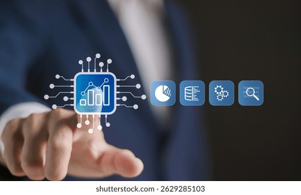 Ai, Artificial intelligence technology in analyzing the growth of organizations. Businessman analyzing economic growth with AI on virtual screen.