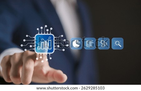 Ai, Artificial intelligence technology in analyzing the growth of organizations. Businessman analyzing economic growth with AI on virtual screen.