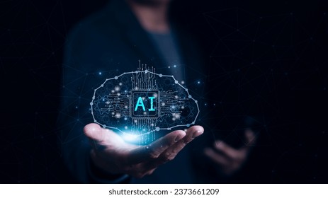 Ai, Artificial intelligence technology concept. Hand touching brain of AI on virtual interface. Use AI to create ideas, Innovation and Futuristic, Machine learning, intelligent automation, generative,