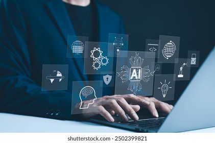 AI, Artificial Intelligence technology concept. Professional businessman working with an artificial intelligence (AI) conceptual interface, surrounded by gears and digital icons. intelligent tech, - Powered by Shutterstock