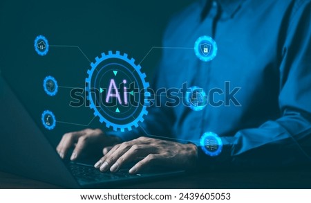 AI, Artificial Intelligence technology concept. Professional businessman working with an artificial intelligence (AI) conceptual interface, surrounded by gears and digital icons. intelligent tech,