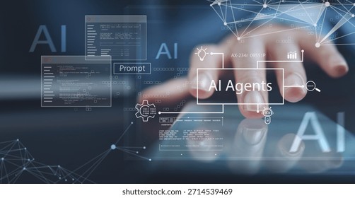 AI Artificial Intelligence technology for data analytics, research, planning, and work generate. Using digital tablet and laptop with AI assistant. Technology smart robot AI agents and agentic workflows.