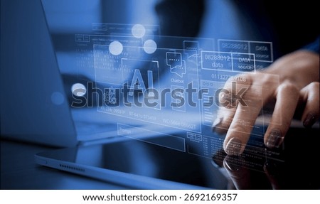 AI Artificial Intelligence technology for data analysis, research, planning and work generate programming. Man using laptop and AI assistant dashboard. Smart robot AI agents and agentic workflows