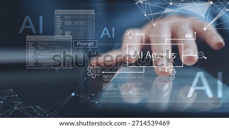 AI Artificial Intelligence technology for data analytics, research, planning, and work generate. Using digital tablet and laptop with AI assistant. Technology smart robot AI agents and agentic workflows.