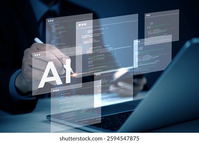 AI artificial intelligence technology and machine learning development programming concept with a businessman innovation writing code data technology on a holographic screen.