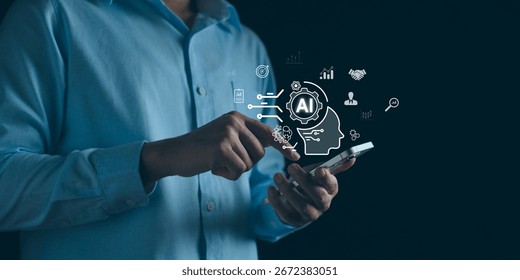 AI, Artificial intelligence technology, Machine learning, Marketing data analysis with Ai, Analyzing customer behavior, Data science, Assistant automation software, Chatbot on business network.