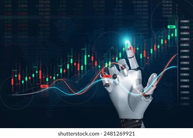 Ai artificial intelligence tool analysis stock market.  Investor use smart robot automation technology for analysis graph data for decision trading. Robotic arm pointing at stock chart - Powered by Shutterstock