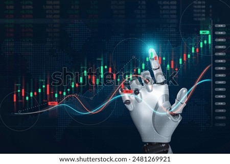 Ai artificial intelligence tool analysis stock market.  Investor use smart robot automation technology for analysis graph data for decision trading. Robotic arm pointing at stock chart