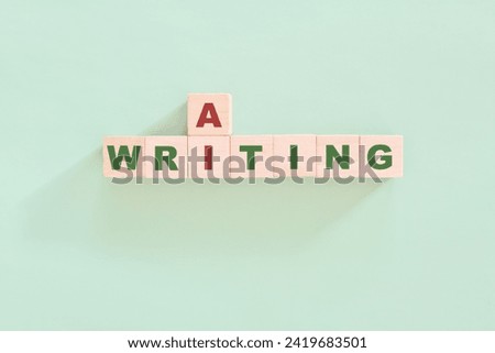 AI or artificial intelligence writing concept. Crossword puzzle flat lay typography in green background.