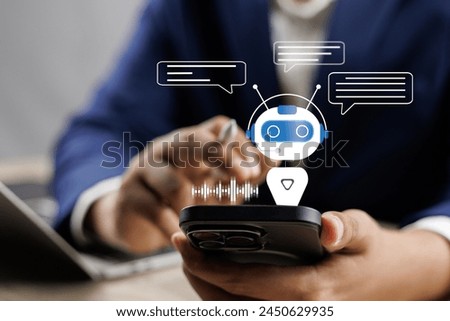 AI Artificial Intelligence,Digital chatbot, Man chatting with digital assistant chatbot on mobilephone on internet application,Future of customer service man utilizes AI chatbot for instant assistance