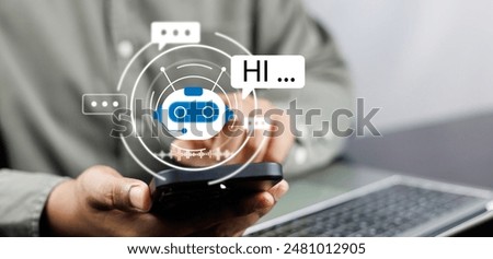 AI Artificial Intelligence,Digital chatbot, Man chatting with digital assistant chatbot on mobilephone on internet application,Future of customer service man utilizes AI chatbot for instant assistance