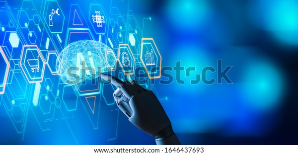 AI\
(Artificial Intelligence),machine learning,machine deep learning,\
data mining and neural network concept.Robot finger point to\
Artificial intelligence brain with bokeh\
background.