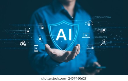AI Artificial intelligence-powered cybersecurity system concept. Showcases AI-driven cyber security technology, highlighting advanced digital security solutions and interactive privacy data graphics.