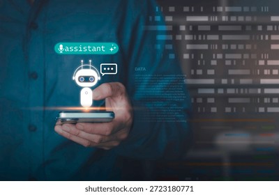 AI assistant and artificial intelligence concept. A professional using a smartphone with virtual chatbot interface processing, automation coding services, and intelligent digital support technology.