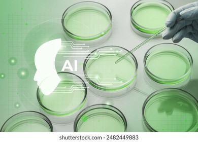 AI assistant in biotechnology science experiment. Person sampling green liquid into petri dishes with a pipette in a laboratory. Artificial intelligence augmented reality help analyze the substance - Powered by Shutterstock