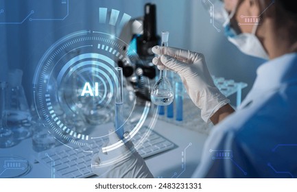 AI assistant in biotechnology science experiment. Developing vaccine with artificial intelligence augmented reality virtual interface helping scientist analyze lab data. - Powered by Shutterstock