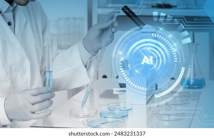 AI assistant in biotechnology science experiment. Artificial intelligence augmented reality virtual interface in a lab helping scientist testing substance. - Powered by Shutterstock - Get 15% off with code: PIKWIZARD15