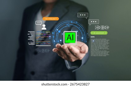 AI assistant, chatbot, artificial intelligence, automation, and coding technology for customer support shown on businessman hand with virtual hologram interface concept.