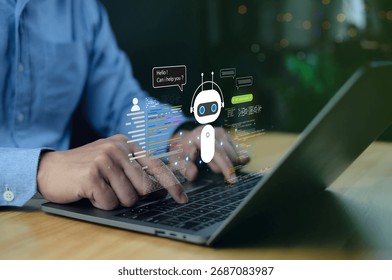 AI assistant, chatbot, artificial intelligence, automation, and coding technology on laptop screen, showing customer interaction with virtual bot in modern workspace
