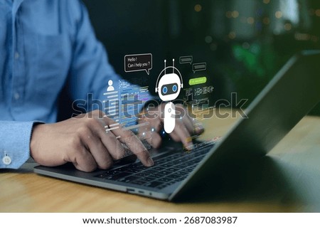 AI assistant, chatbot, artificial intelligence, automation, and coding technology on laptop screen, showing customer interaction with virtual bot in modern workspace