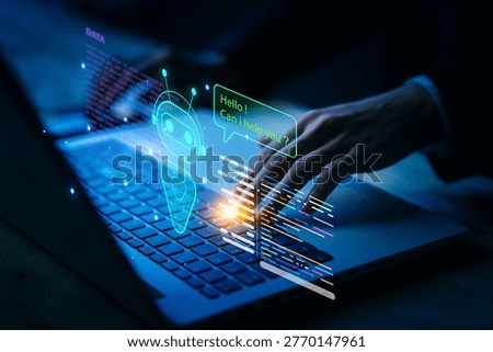 AI assistant. AI chatbot and customer support automation concept with virtual assistant interface on laptop, coding data flow and messaging bubble, symbolizing artificial intelligence, online service.