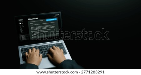 AI assistant concept. Hands using a laptop with an AI suggesting and generating an email reply. Generative artificial intelligence for productivity, large language models, smart personal assistance.